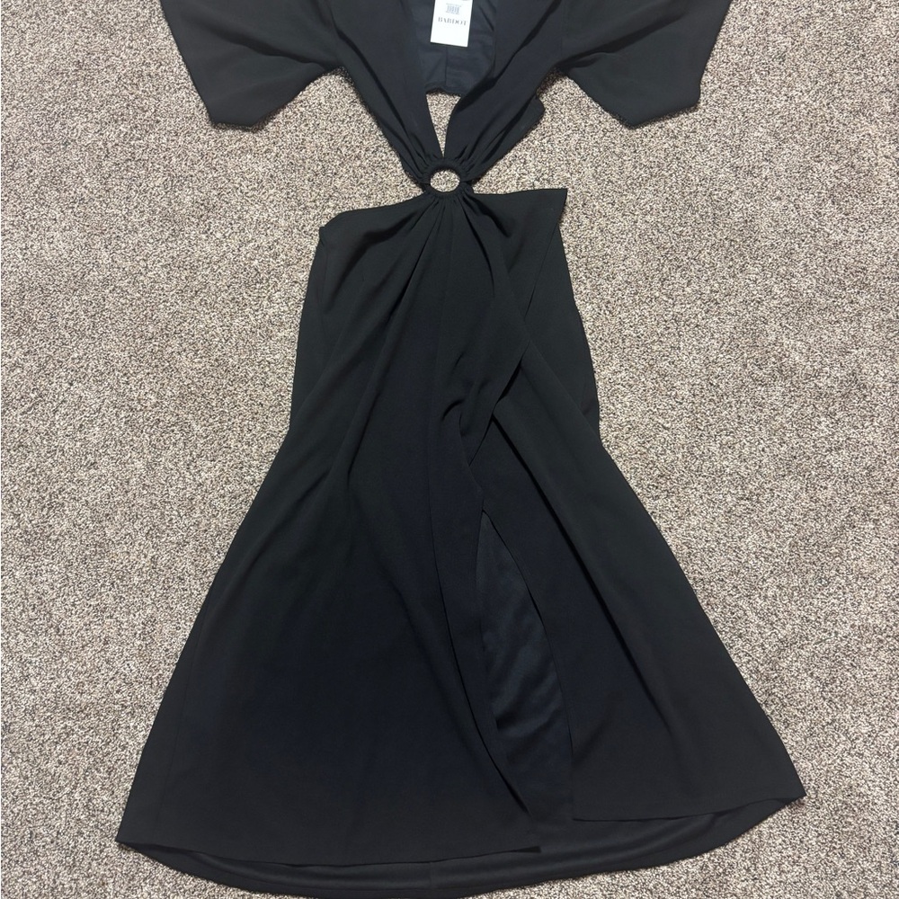 Bardot NWT Deep Plunge Cutout Women's Med Elegant Black Short Sleeve Slit Dress
